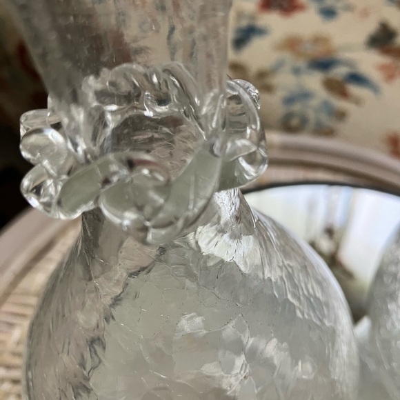 2 BLENKO CRACKLE ICE GLASS CLEAR 7” VASES 1940’s APPLIED NECK RUFFLE BULBOUS - Picture 12 of 15